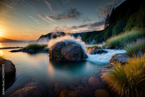 A Body Of Water Surrounded By Rocks And Grass