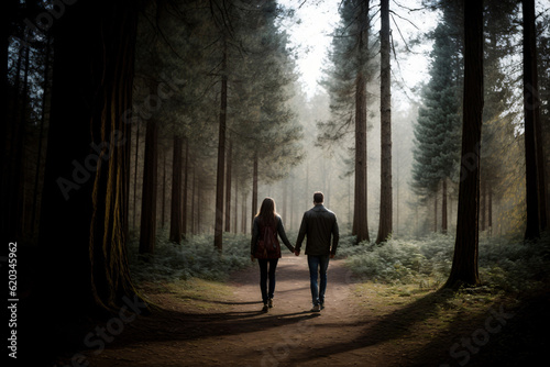 A Man And A Woman Walking Through A Forest Holding Hands © Pixel Matrix
