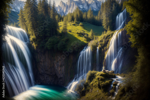 A Painting Of A Waterfall In The Mountains
