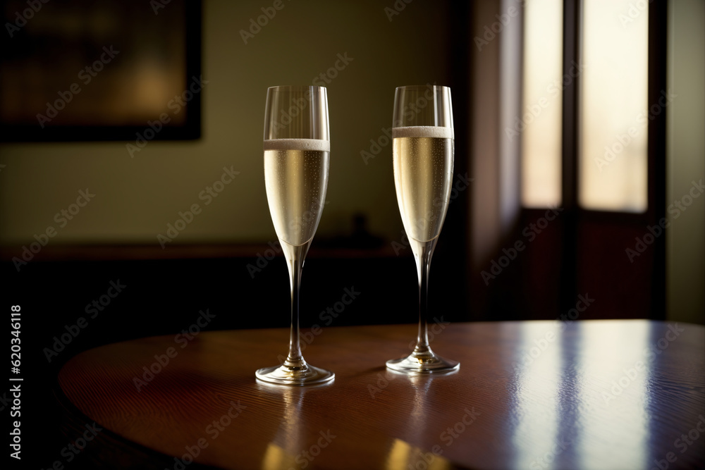 Two Glasses Of Champagne Sitting On Top Of A Wooden Table