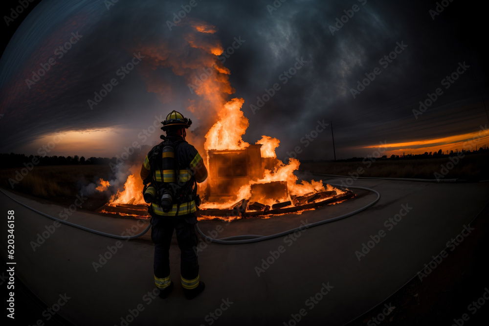 A Firefighter Standing In Front Of A Large Fire