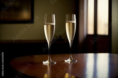 Two Glasses Of Champagne Sitting On Top Of A Wooden Table