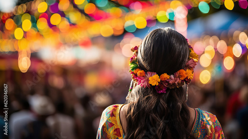 a woman with colorful head adornments looks at the big crowds in a city, Vibrant Celebrations and Festivals Around the World. Generative Ai