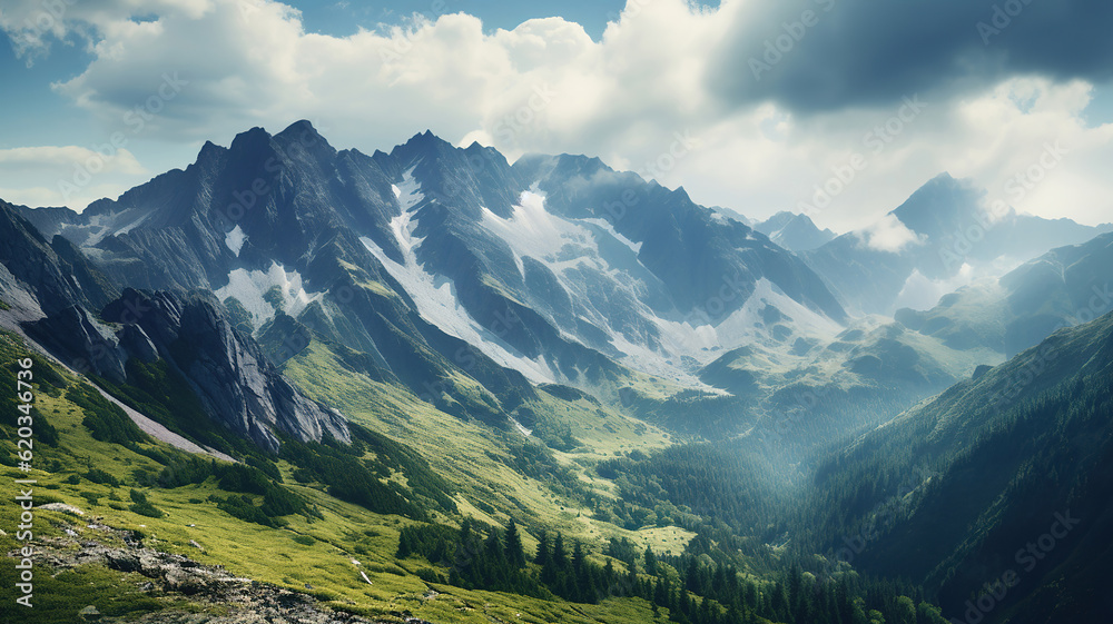 Fototapeta premium Discovering the Majestic Beauty of Mountain Peaks. Generative Ai