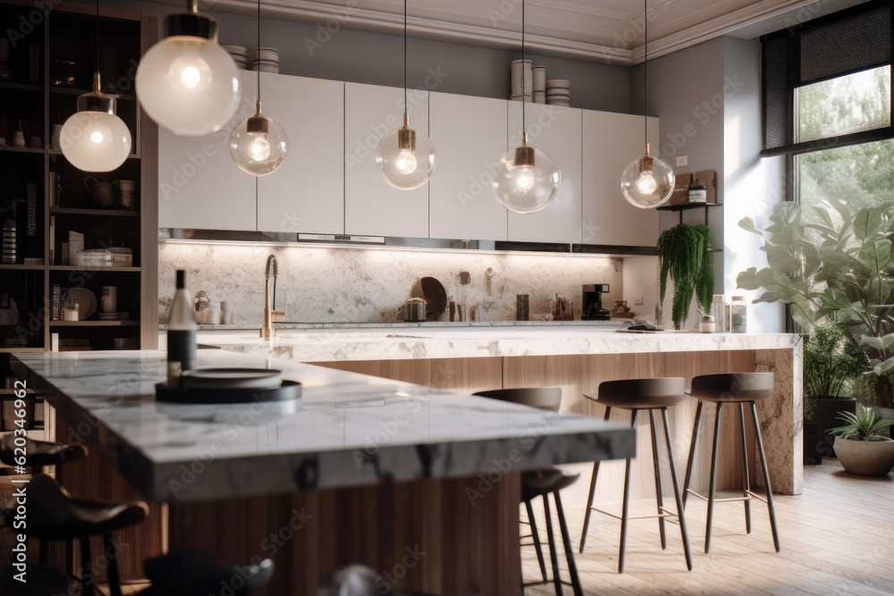 Trendy kitchen interior with a sleek and minimalist design, boasting a stylish marble countertop and earthy wooden accents. AI Generative.