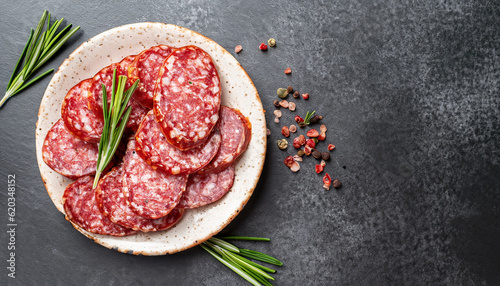 Sausage Salami with fresh rosemary and spices. stone stone background. View from above.