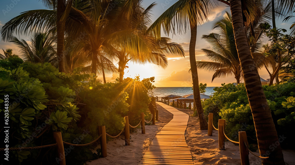 Fototapeta premium walkway with palm trees leading to a tropical beach. Generative Ai