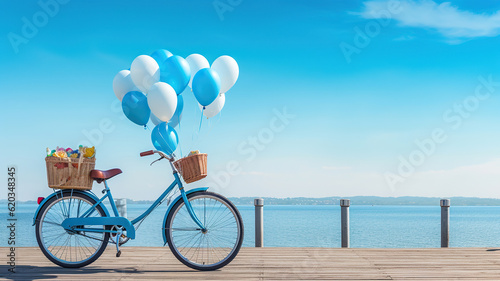 bike with balloons and baskets parked on the pier beside the water. Generative Ai © Putra