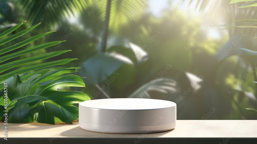 Platform plate on a wooden table against a tropical palm tree background. Product display mockup concept.