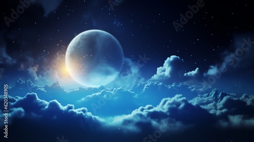 Glowing moon over clouds at night. Moonlight shining over clouds.