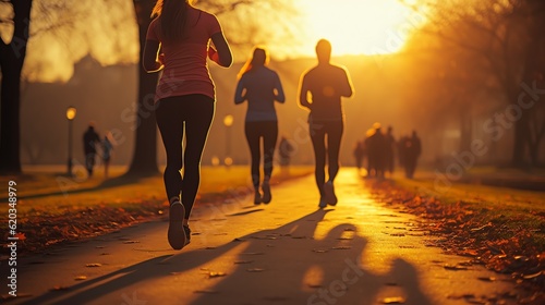 Joggers in the park on an autumn morning. Jogging during sunrise in fall.