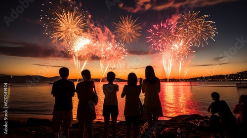 Silhouette of people watching fireworks on the beach