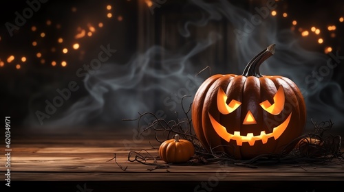 Carved halloween pumpkin sitting on top of a wooden table with a spooky background. Jack-o-lantern banner. Space for text.