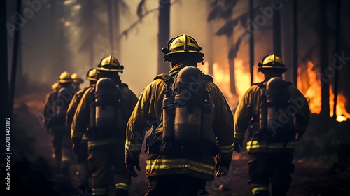 Volunteer firefighters combat a wild forest fire. Brave firemen running into burning forest.