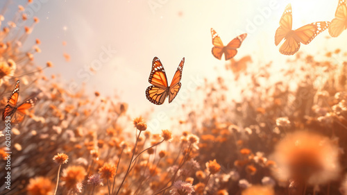 monarch butterflies flying over dried flowers. Generative Ai