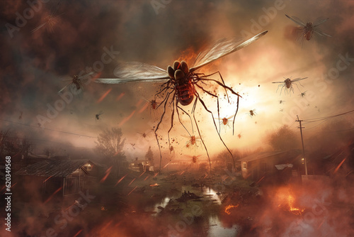 Giant battle mosquitos mutants attacks rural place or village somewhere in Russia or Ukraine. Labaratory created bio-weapon. Abstract fantasy AI illustration. 