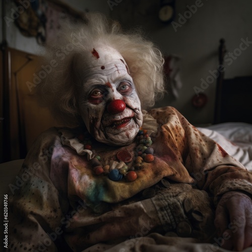 An Old Scary Grandma with a Messy, Creepy Clown Makeup, Halloween Concept