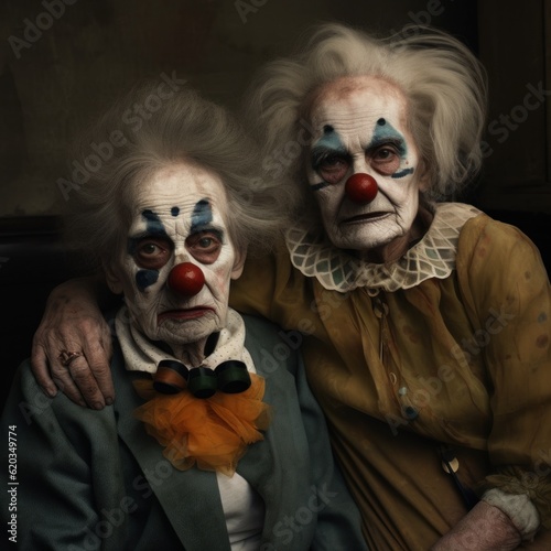 An Old Couple with Eerie Clown Makeup Staring, Halloween Concept