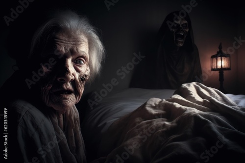 A Scary Demon Watching an Old Creepy Grandma by Her Bed, Halloween Concept