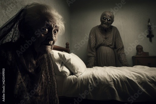 A Scary Demon Watching an Old Grandma, Hyper Realistic Illustration, Creepy Halloween Concept