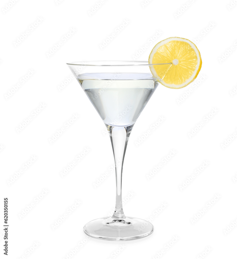 Martini glass of refreshing cocktail decorated with lemon slice isolated on white