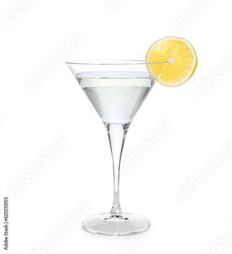 Martini glass of refreshing cocktail decorated with lemon slice isolated on white