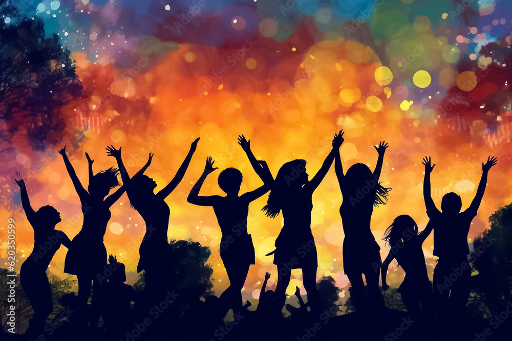 illustrated digital painting of Big group of people having fun in success victory and happy pose with raised arms on mountain top against sunset lakes and mountains. Generative AI.