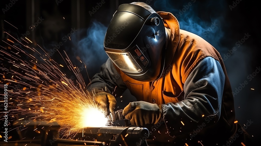 Welder in welding helmet working on metal with sparks in a dark room