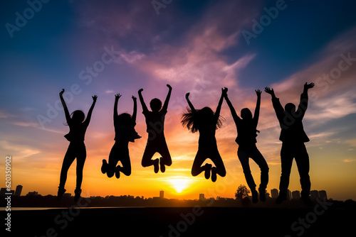 illustrated digital painting of Big group of people having fun in success victory and happy pose with raised arms on mountain top against sunset lakes and mountains. Generative AI.