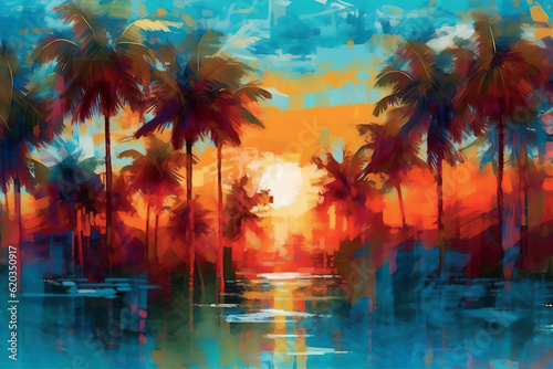 tropical island with palm trees painting, created using generative AI tools © Maizal