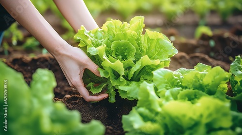 Woman's hands picking lettuce in a garden