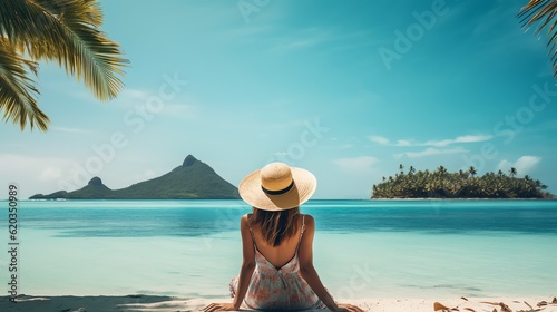 Woman in a straw hat sitting on a tropical beach. Girl looking at turquoise water. © GnrlyXYZ