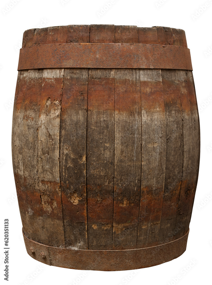Fototapeta premium One wooden barrel with metal hoops isolated on white