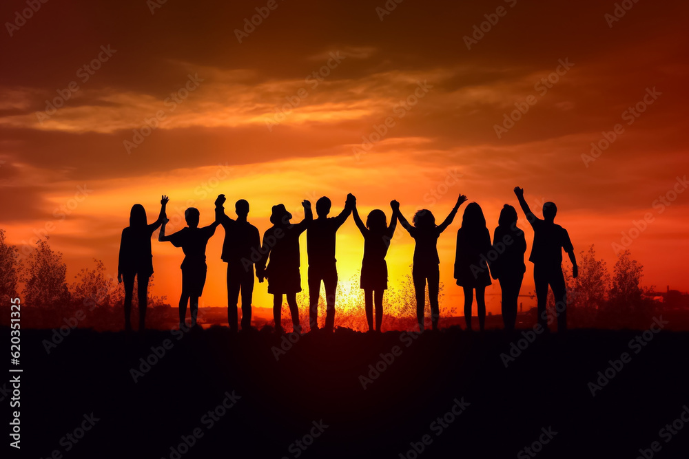illustrated digital painting of Big group of people having fun in success victory and happy pose with raised arms on mountain top against sunset lakes and mountains. Generative AI.