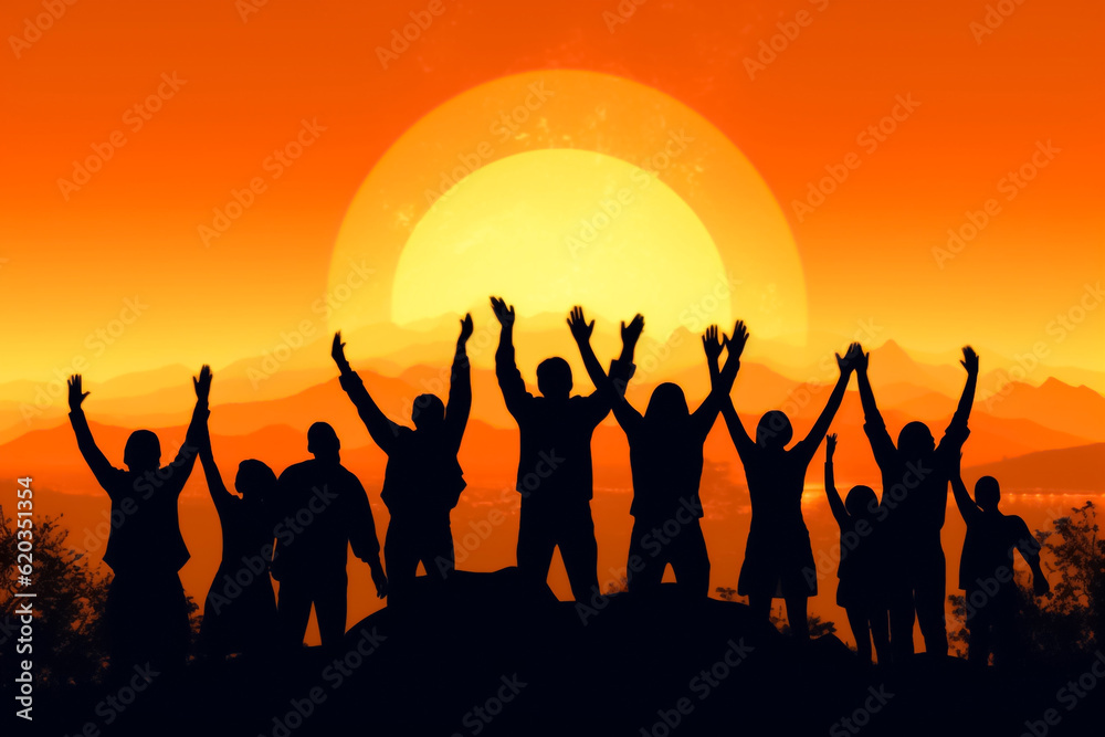 illustrated digital painting of Big group of people having fun in success victory and happy pose with raised arms on mountain top against sunset lakes and mountains. Generative AI.