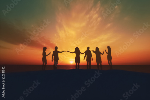 illustrated digital painting of Big group of people having fun in success victory and happy pose with raised arms on mountain top against sunset lakes and mountains. Generative AI. © Surachetsh