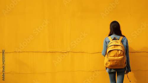 Vista traseira de um mulher com mochila contra a parede amarela photo