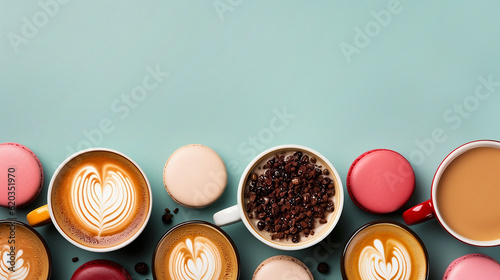 Top view of various types of specialty coffees with art design, and macaroons, with light blue background. Generative AI.