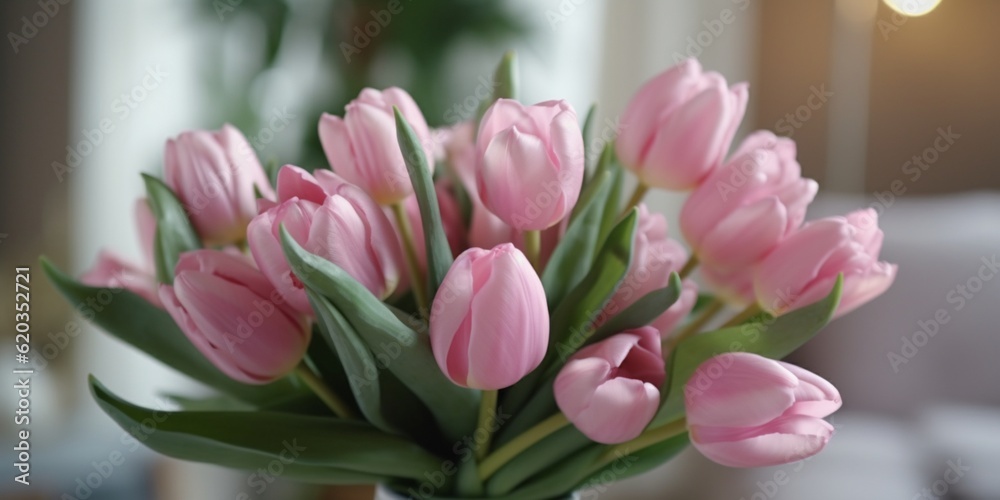 Pink tulip wedding bouquet flower on blurred background. AI Generated Pink tulip wedding bouquet flower on blurred background. AI Generated