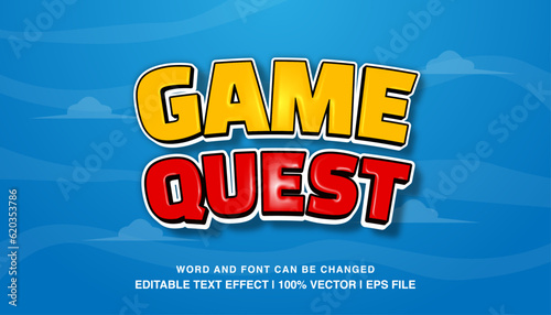 Editable text effect game quest, 3d cartoon template style typeface, premium vector