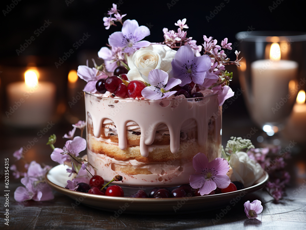 A close up of a cake with flowers on a plate. Generative AI. Edible flowers as decoration. A close up of a cake with flowers on a plate. Generative AI. Edible flowers as decoration.