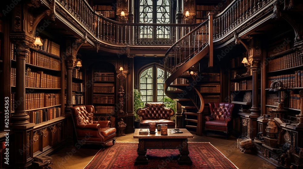 Biblioteca de madeira vintage, cercada por prateleiras altas de livros