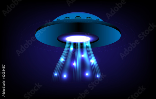 Ufo spaceships with light beam. futuristic flying saucer Vector realistic illustration Invasion concept glow rocket ship.