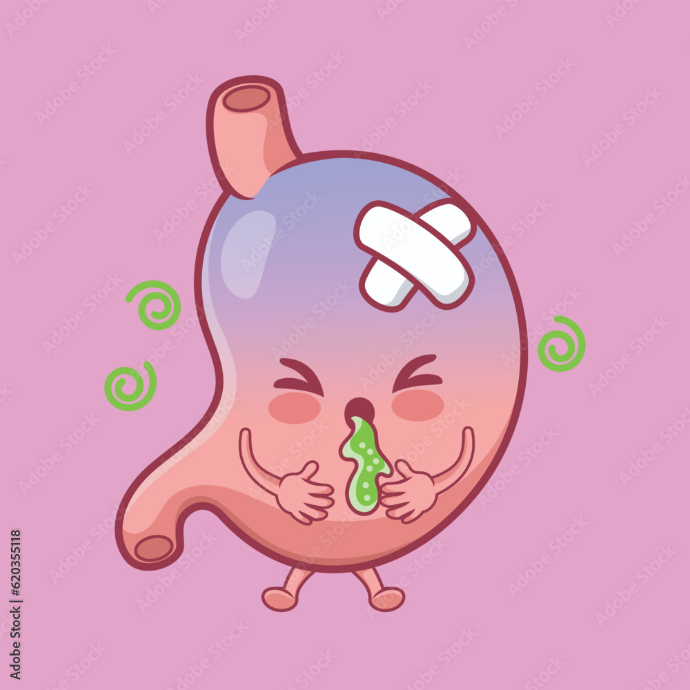 Fototapeta premium cute stomach organ vomits cartoon vector icon illustration