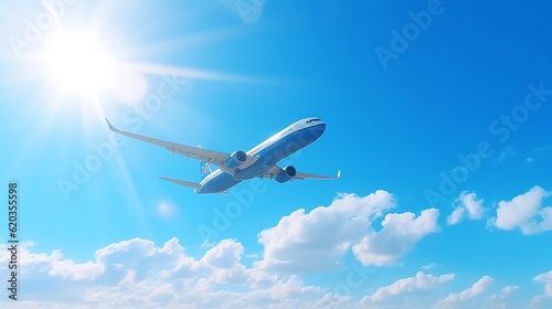 Large airplane flying through a blue cloudy sky. Commercial airline soaring above the clouds on a beautiful day.