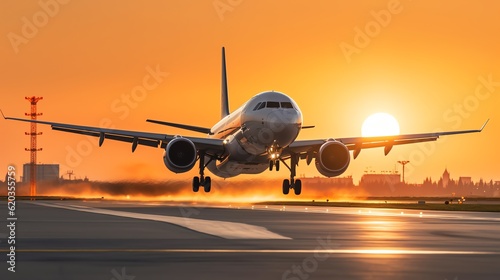 Airplane taking off from an airport runway. Large jetliner landing at sunset.