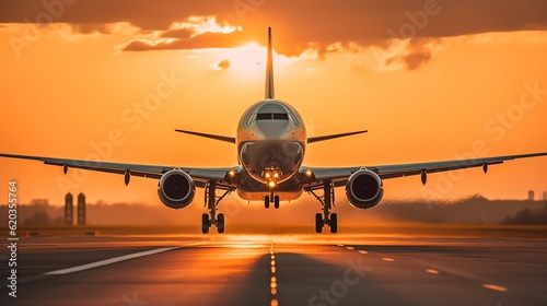 Airplane taking off from an airport runway. Large jetliner landing at sunset.