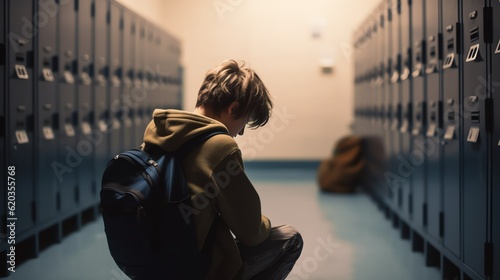 Upset boy, teenager, sitting at school after being bullied by classmates. School bullying.
