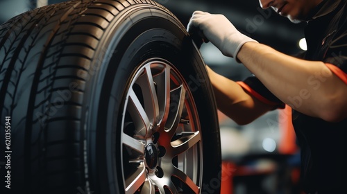 Closeup of car mechanic changing tire at repairing service, tire change