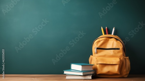 School backpack with books, chalkboard background. Back to school concept. Space for text.